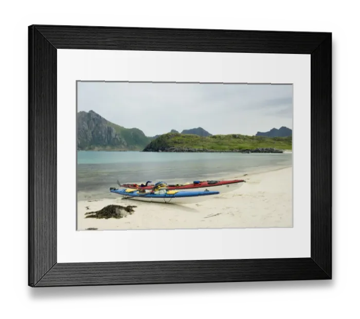 Framed Print : Europe, Norway, Vesteralen. Sea kayaks on beach at Hovden Framed Print : Europe, Norway, Vesteralen. Sea kayaks on beach at Hovden