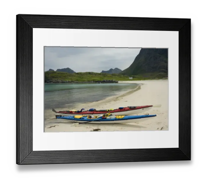 Framed Print : Europe, Norway, Vesteralen. Sea kayaks on beach at Hovden Framed Print : Europe, Norway, Vesteralen. Sea kayaks on beach at Hovden