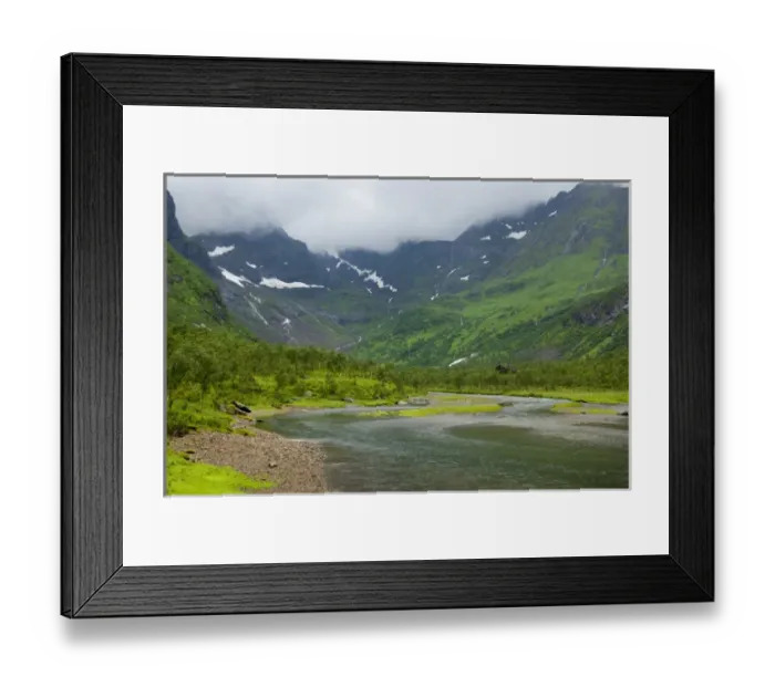 Framed Print : Europe, Norway, Lofoten. The valley and river of Vestpollen in Moysalen National Park Framed Print : Europe, Norway, Lofoten. The valley and river of Vestpollen in Moysalen National Park