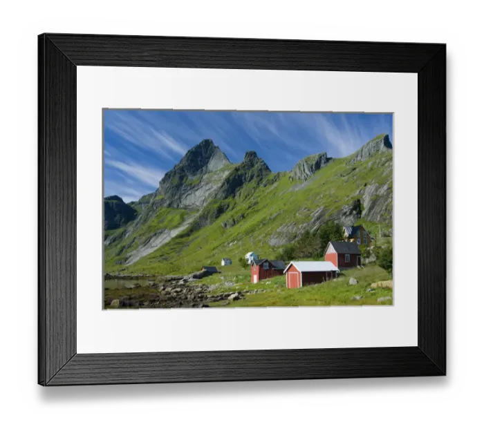 Framed Print : Europe, Norway, Lofoten. Houses in Vindstad below Rabbtinden Framed Print : Europe, Norway, Lofoten. Houses in Vindstad below Rabbtinden