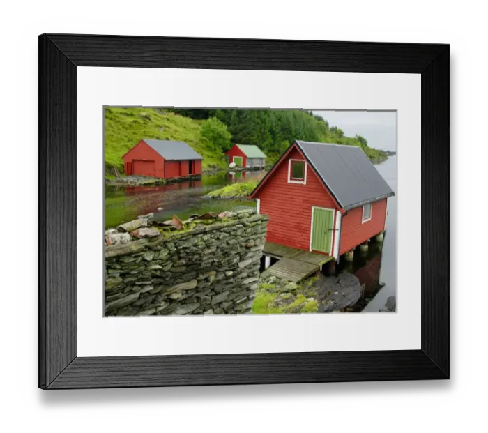 Framed Print : Norway, Radoy Island, Boathouses in Straumsvagen, Fosnstraumen trail from the quay Framed Print : Norway, Radoy Island, Boathouses in Straumsvagen, Fosnstraumen trail from the quay
