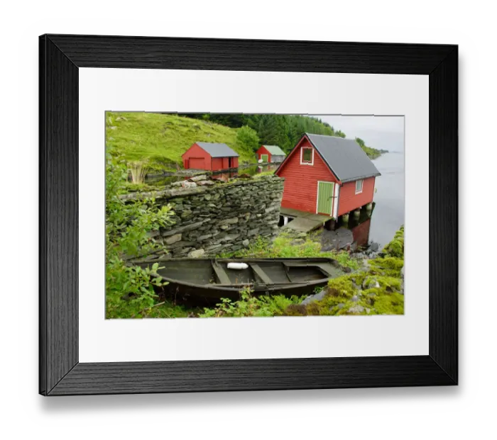 Framed Print : Norway, Radoy Island, Boathouses in Straumsvagen, Fosnstraumen trail from the quay Framed Print : Norway, Radoy Island, Boathouses in Straumsvagen, Fosnstraumen trail from the quay