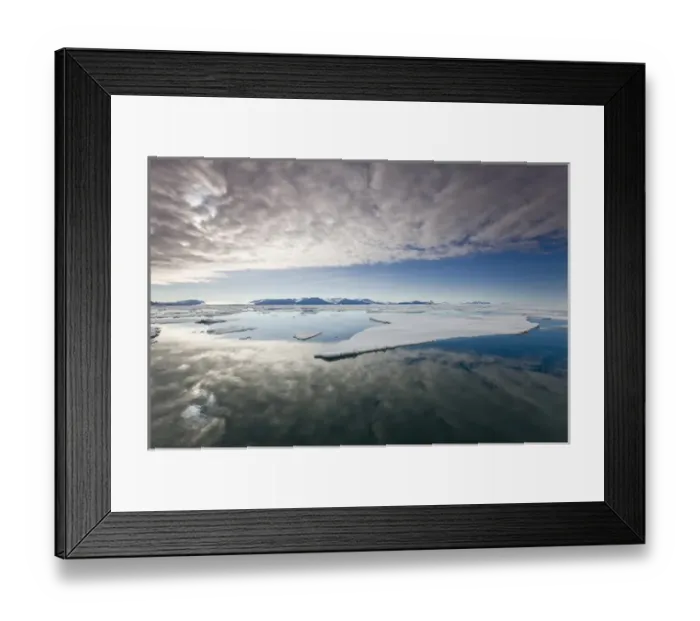 Framed Print : Norway, Svalbard, Edgeoya Island, Low clouds reflected in sea with fractured first Framed Print : Norway, Svalbard, Edgeoya Island, Low clouds reflected in sea with fractured first