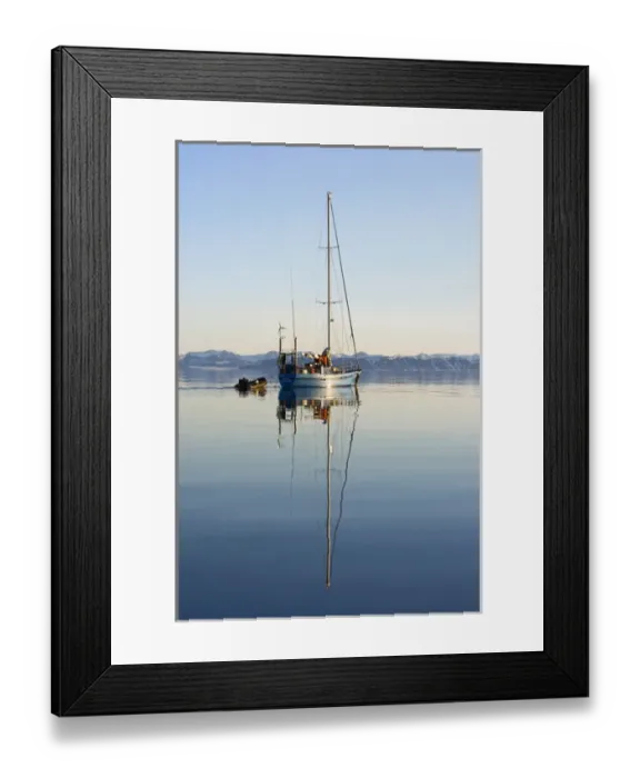 Framed Print : Norway, Svalbard, Edgeoya Island, SV Arctica motoring in calm waters under midnight sun