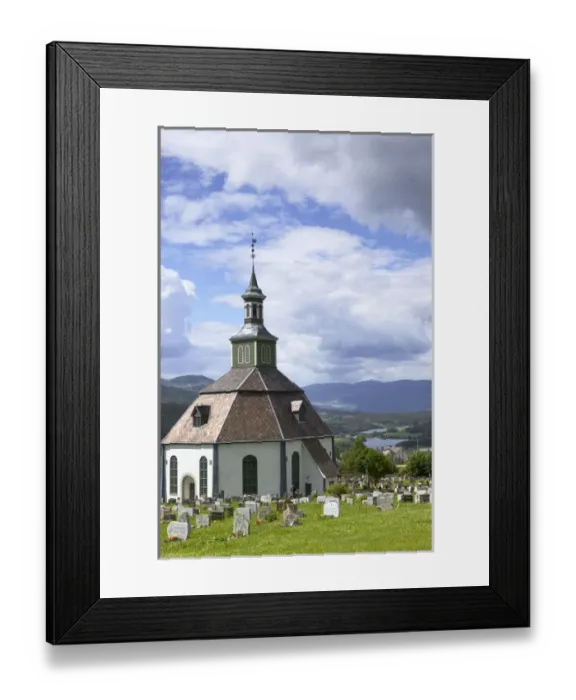 Framed Print : 05. Sofar Fron octagonal stone church 1792 over looks Laggen River valley