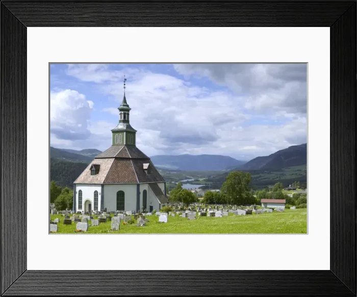 Framed Print : Sofar Fron octagonal stone church 1792 over looks Laggen River river valley, Ringebu Framed Print : Sofar Fron octagonal stone church 1792 over looks Laggen River river valley, Ringebu