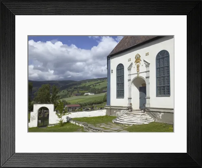 Framed Print : Sofar Fron octagonal stone church 1792 over looks Laggen River river valley, Ringebu