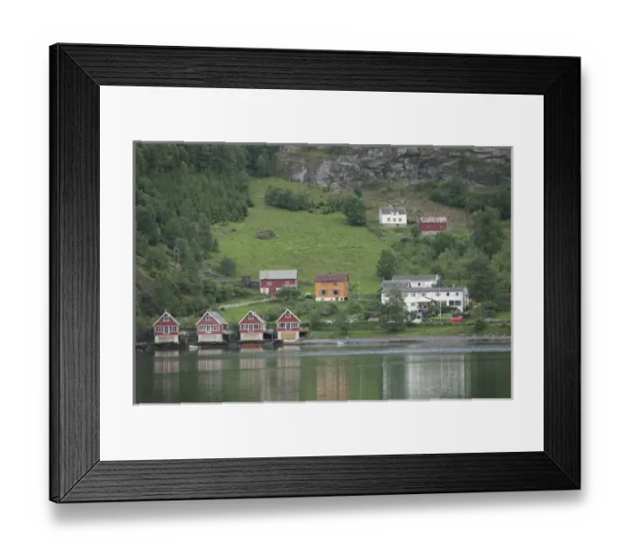 Framed Print : Boat houses in Beautiful Flam; situated in the innermost part of the Sognefjord surrounded Framed Print : Boat houses in Beautiful Flam; situated in the innermost part of the Sognefjord surrounded