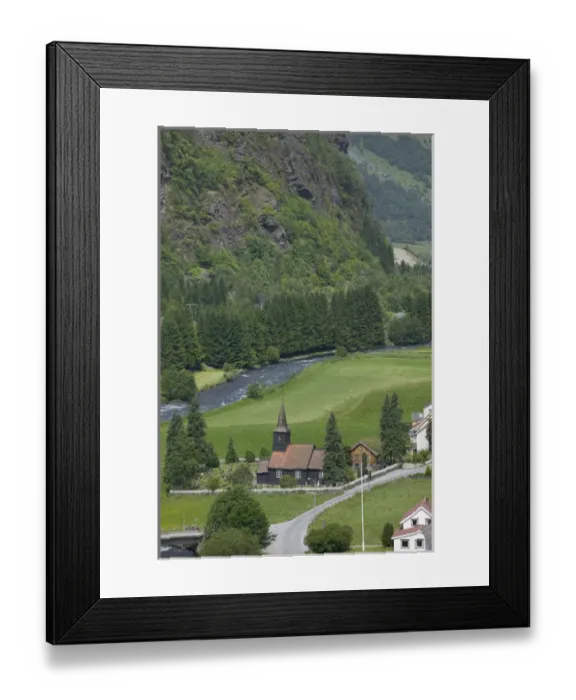 Framed Print : Church in Beautiful Flam; situated in the innermost part of the Sognefjord surrounded Framed Print : Church in Beautiful Flam; situated in the innermost part of the Sognefjord surrounded