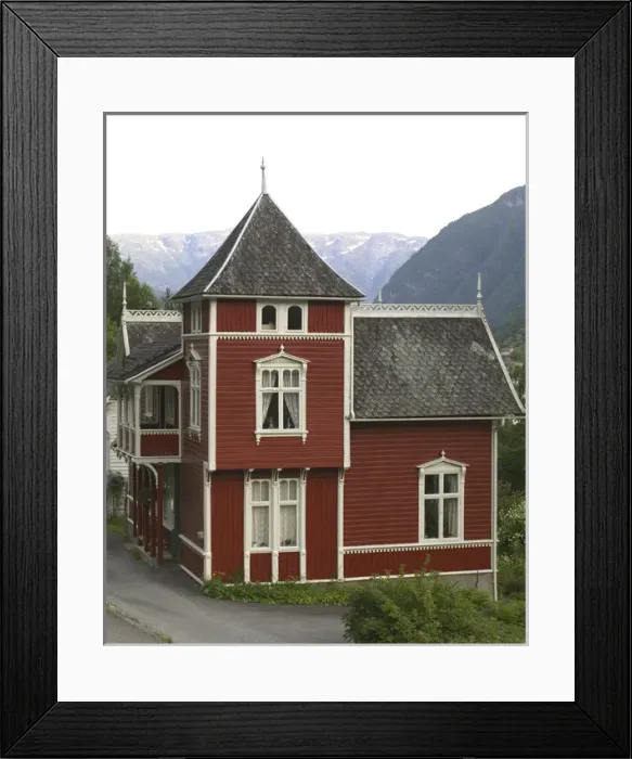 Framed Print : Classic 1800;s Norwegian home in Ulvik on the shores of Hardanger Fjord, Norway Framed Print : Classic 1800;s Norwegian home in Ulvik on the shores of Hardanger Fjord, Norway