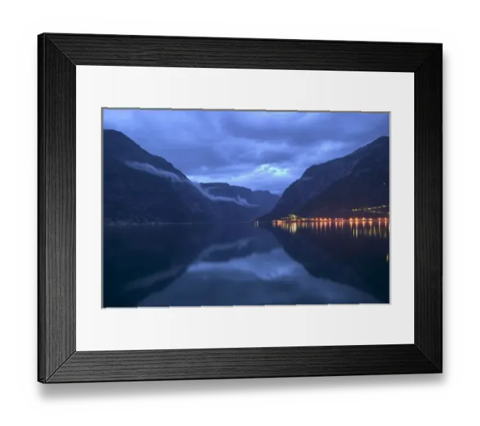 Framed Print : The lights of Eidfjord glisten beneath the damatic indego skies of a Nordic night Framed Print : The lights of Eidfjord glisten beneath the damatic indego skies of a Nordic night