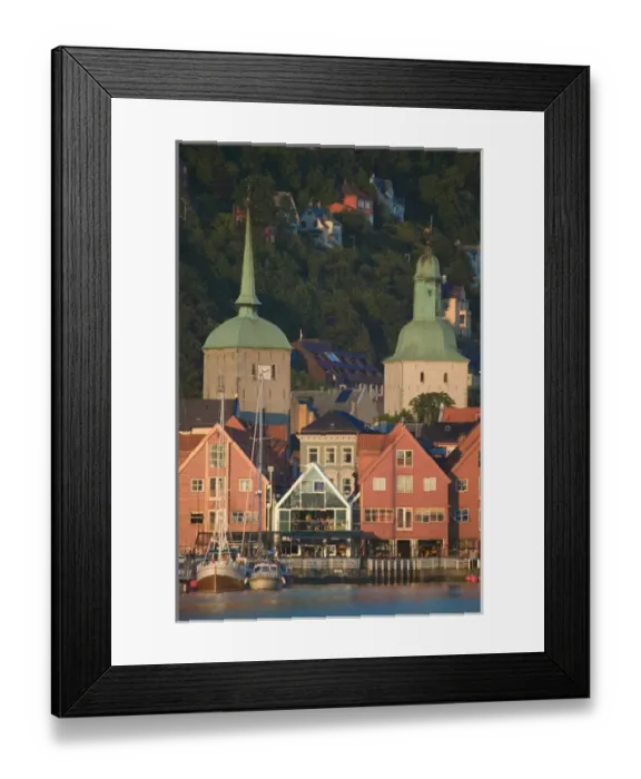 Framed Print : Kos Church and Dom Church tower behind the ancient buildings of Bergens harbor Framed Print : Kos Church and Dom Church tower behind the ancient buildings of Bergens harbor