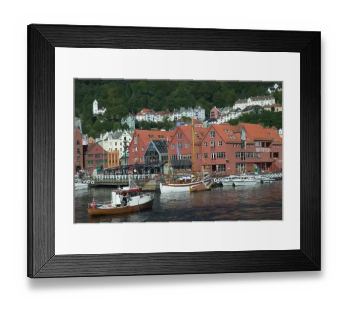 Framed Print : In the back drop of Bryggens ancient buildings Bergens harbor offers tours Framed Print : In the back drop of Bryggens ancient buildings Bergens harbor offers tours