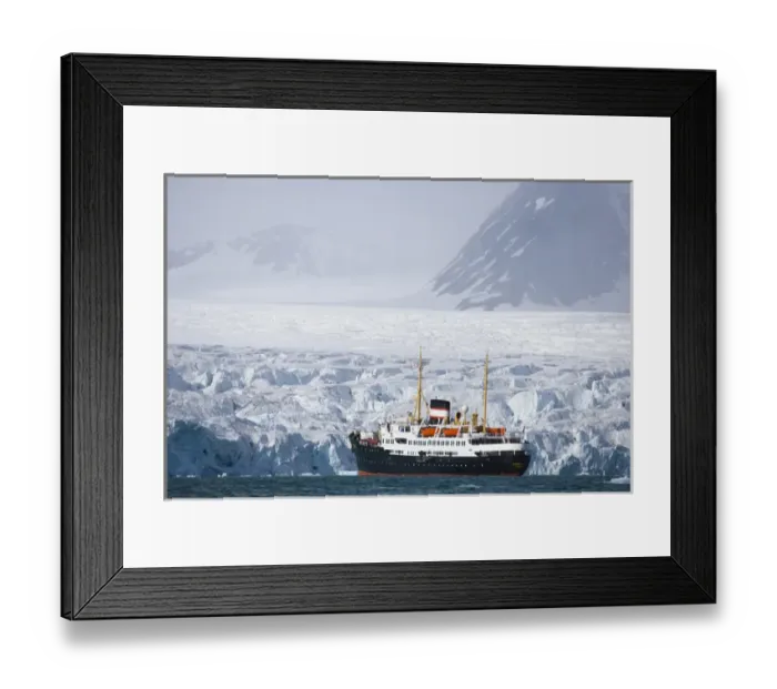 Framed Print : cruise ship in front of large glacier, June