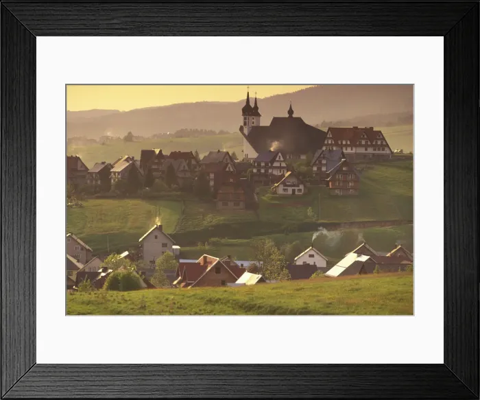 Framed Print : Europe, Poland, Carpathian Mountains. Kluszkowce. Sunset, Town and new church