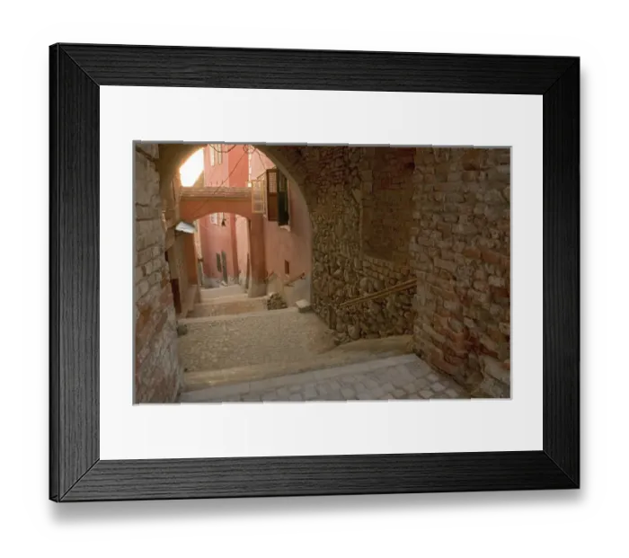 Framed Print : Romania, Sibiu, Walk way from the Big Square of the old city to the lower part of the medieval city