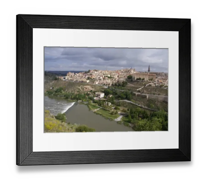 Framed Print : Spain, Castilla-La Mancha, Toledo. Overviews of historic city, Tagus river (aka Rio Tajo)