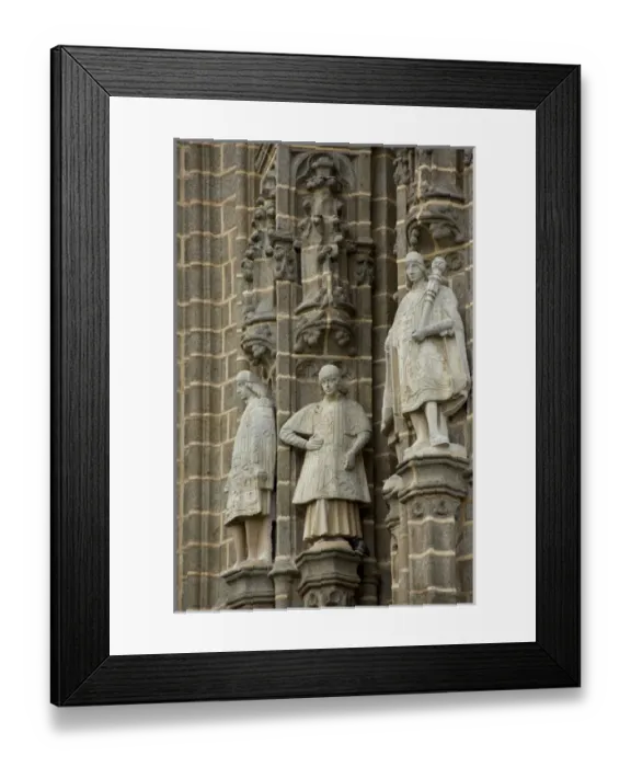 Framed Print : Spain, Castilla-La Mancha, Toledo. Statues on exterior church walls