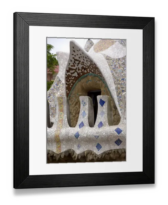 Framed Print : Spain, Catalonia, Barcelona. Gaudis Parc Guell, park entry pavillion using fragmented pottery Framed Print : Spain, Catalonia, Barcelona. Gaudis Parc Guell, park entry pavillion using fragmented pottery