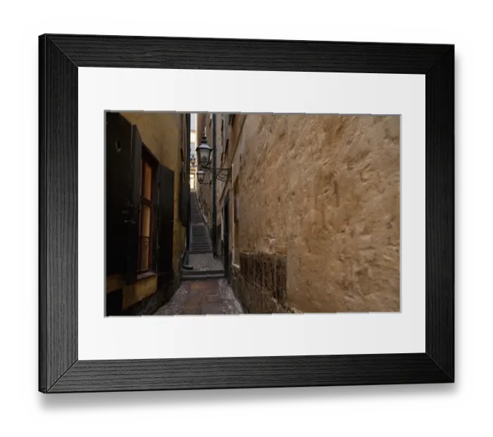 Framed Print : Stockholm, Sweden - A narrow alley leading to a staircase going between two old world buildings