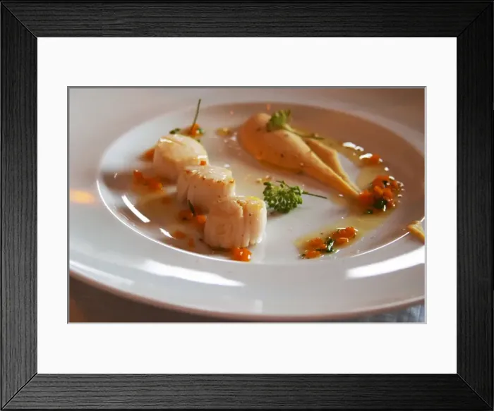 Framed Print : Sear fried scallops and parsnip on a white plate. The gastronomic restaurant Tva Broder Framed Print : Sear fried scallops and parsnip on a white plate. The gastronomic restaurant Tva Broder