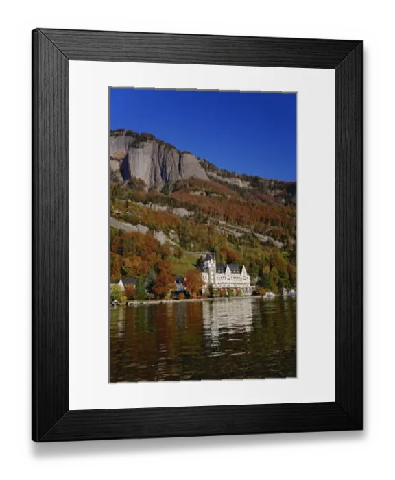 Framed Print : Hotel in autumn, along shore of Lake Lucerne from sightseeing boat, Lake Lucerne Framed Print : Hotel in autumn, along shore of Lake Lucerne from sightseeing boat, Lake Lucerne