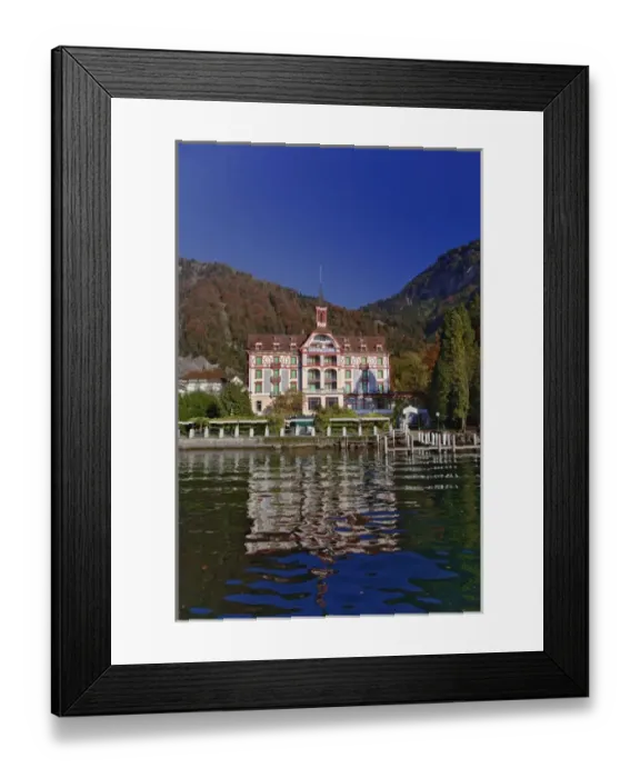 Framed Print : Hotel in autum along shore of Lake Lucerne from sightseeing boat, Lucerne, Switzerland