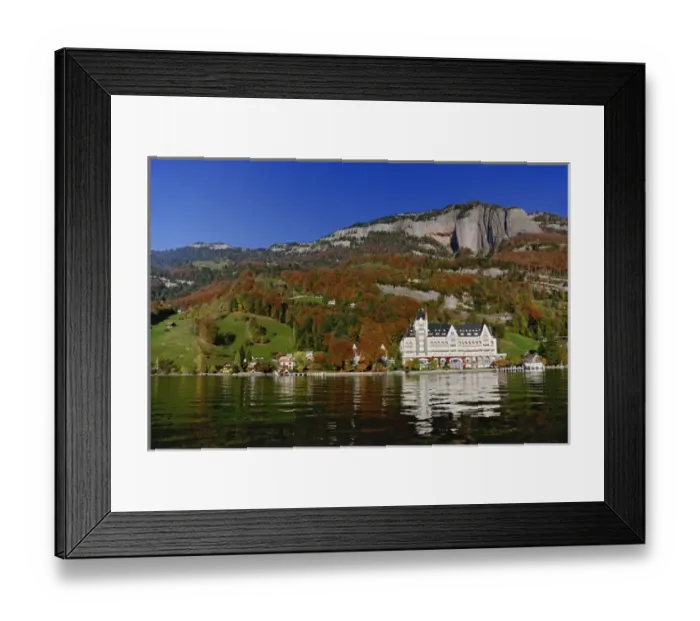Framed Print : Hotel in autum along shore of Lake Lucerne from sightseeing boat, Lake Lucerne, Switzerland Framed Print : Hotel in autum along shore of Lake Lucerne from sightseeing boat, Lake Lucerne, Switzerland
