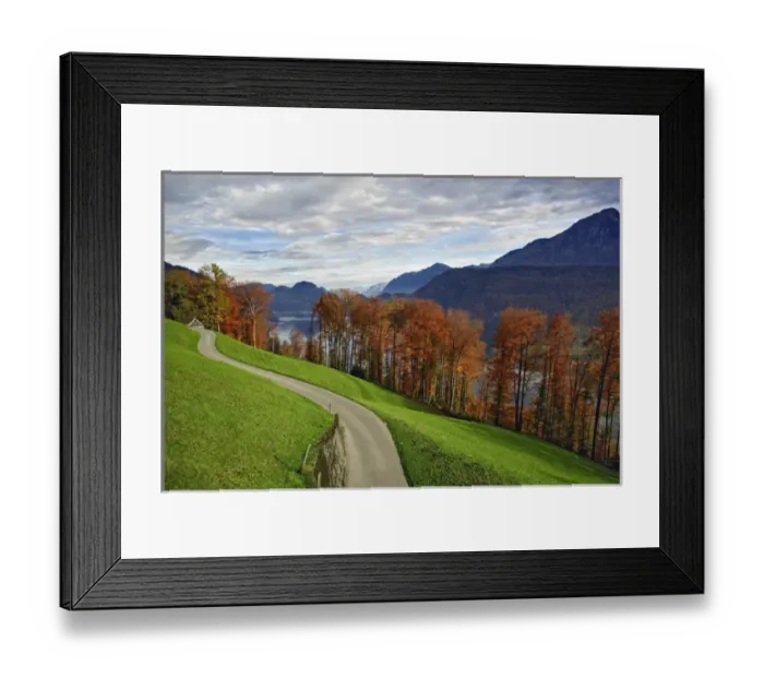 Framed Print : Rural road and autumn foliage along lake, near Lucerne, Switzerland