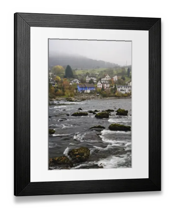 Framed Print : Typical Swiss homes along Rhein River on foggy autumn day, Schaffhausen, Switzerland