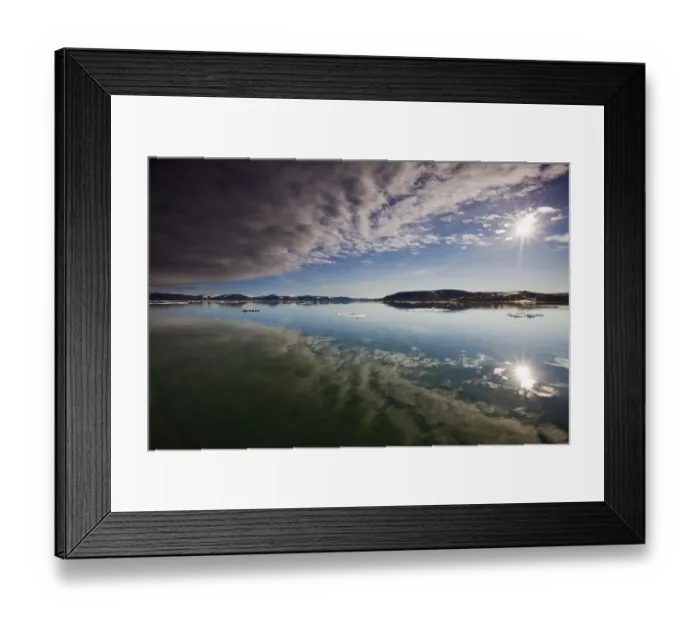 Framed Print : Norway, Svalbard, Edgeoya Island, Reflection of low clouds in calm sea on summer