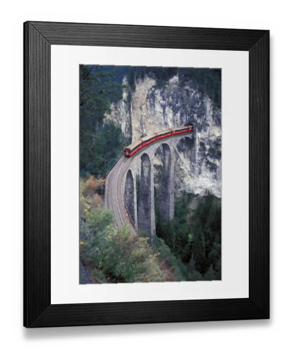 Framed Print : Europe, Switzerland, Bernina Region, passenger train on the tallest rock bridge in Framed Print : Europe, Switzerland, Bernina Region, passenger train on the tallest rock bridge in