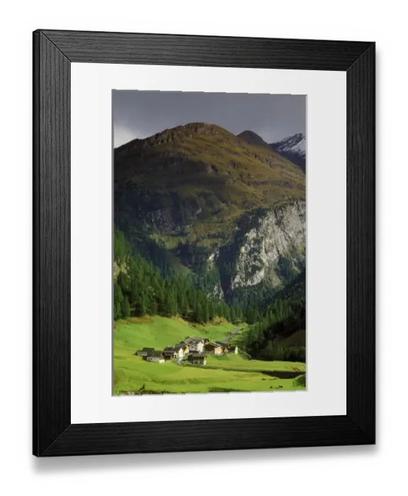 Framed Print : Europe, Switzerland, Val Averserrhein Region. Avers-juf, house and village detail