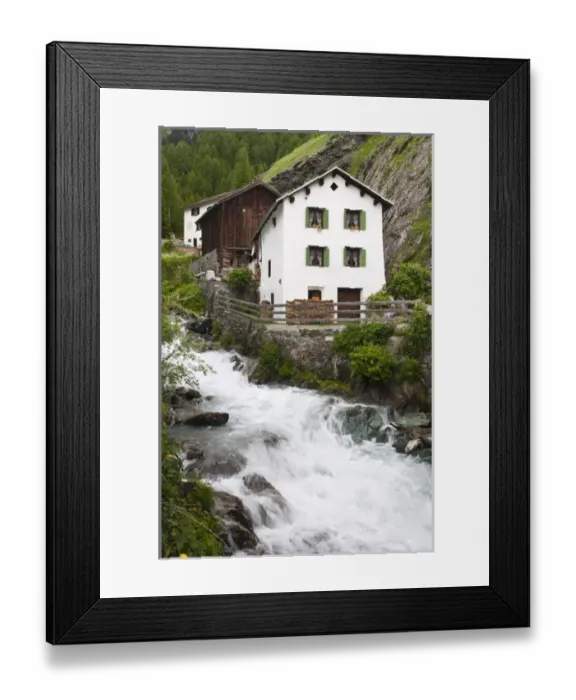Framed Print : Mulegns, Switzerland. Stream and house in Mulegns Framed Print : Mulegns, Switzerland. Stream and house in Mulegns