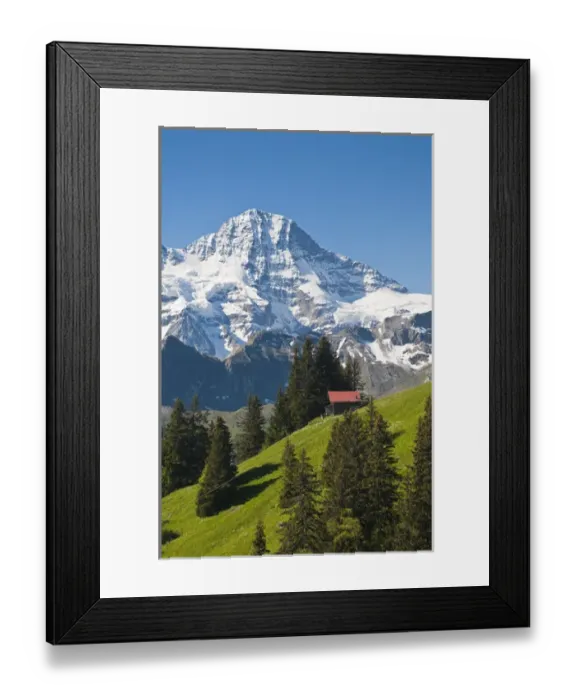 Framed Print : Jungfrau Region, Switzerland. Jungfrau massif and Swiss chalet near Murren Framed Print : Jungfrau Region, Switzerland. Jungfrau massif and Swiss chalet near Murren