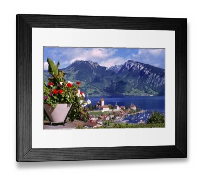 Framed Print : Europe, Switzerland, Spiez. Castle Oberhofen has a commanding view of the Thunersee