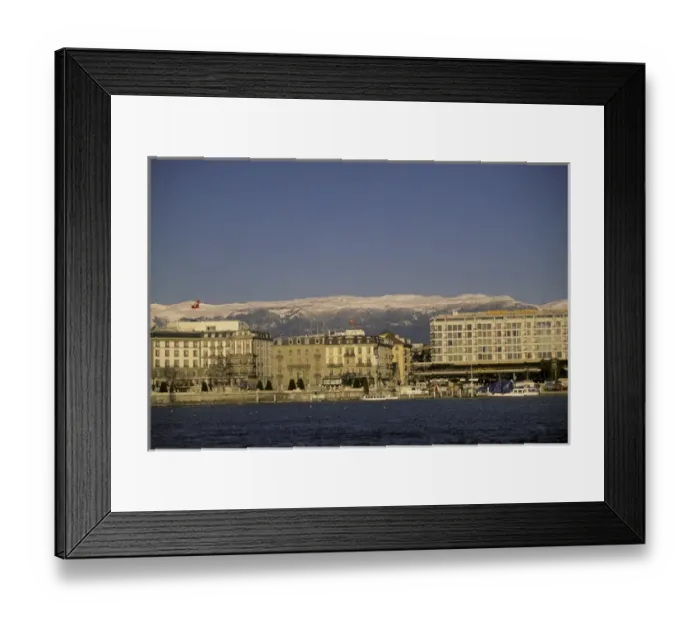 Framed Print : Europe, Switzerland, Geneva. Winter morning view of Quai du Mont Blanc, Lac Leman