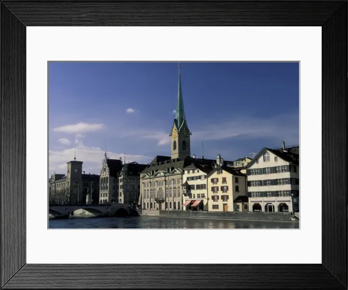 Framed Print : Europe, Switzerland, Zurich. Daytime view of Fraumunster Church and River Limmat