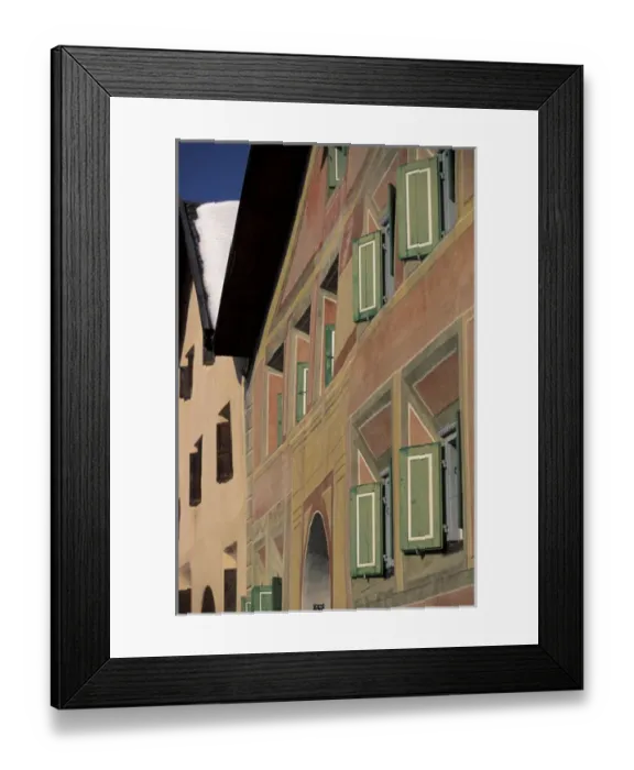 Framed Print : Europe, Switzerland, Graubunden, Guarda. Winter scene and painted building Framed Print : Europe, Switzerland, Graubunden, Guarda. Winter scene and painted building