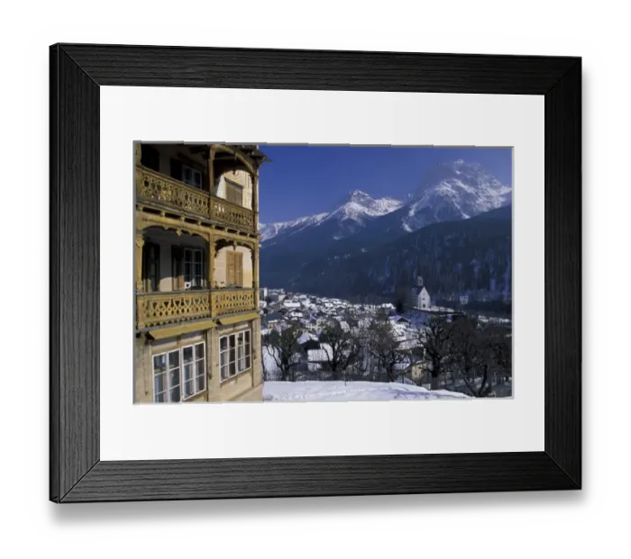 Framed Print : Europe, Switzerland, Graubunden, Scuol. Town view from main road Framed Print : Europe, Switzerland, Graubunden, Scuol. Town view from main road