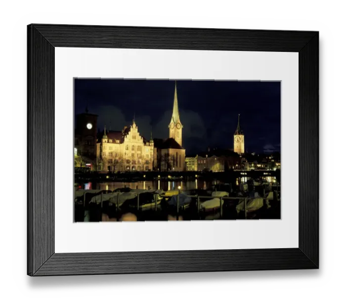 Framed Print : Europe, Switzerland, Zurich. Grossmunter City and Limmat River view from Utoquai, evening