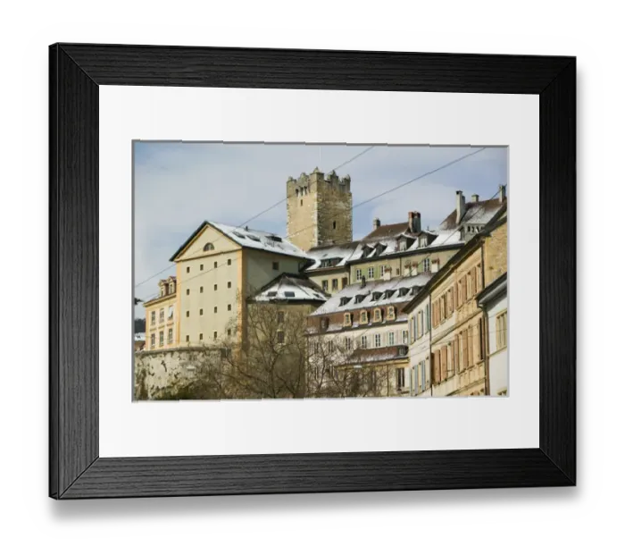 Framed Print : SWITZERLAND-NEUCHATEL: Town View & Prison Tower  /  Winter