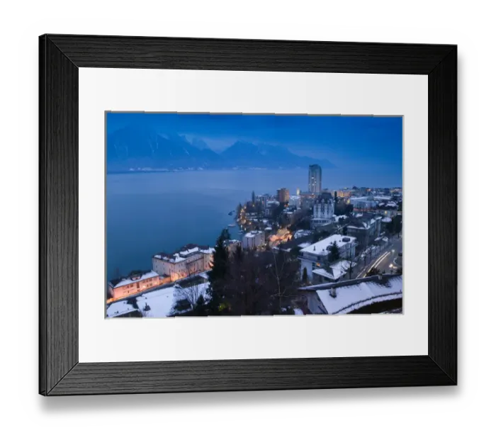 Framed Print : SWITZERLAND-(Vaud)-Swiss Riviera-MONTREUX: Montreux & Lake Geneva  /  Evening  /  Winter