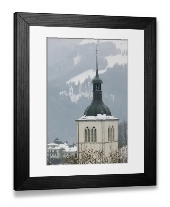 Framed Print : SWITZERLAND-Fribourg-GRUYERES: Upper Town Church View from Gruyeres Castle  /  Winter