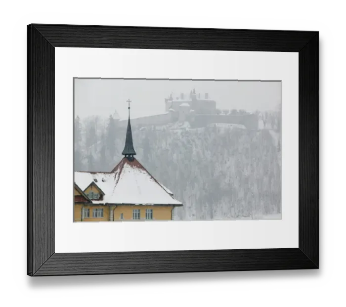 Framed Print : SWITZERLAND-Fribourg-GRUYERES: Gruyeres Castle (15th century) from Lower Town  /  Winter
