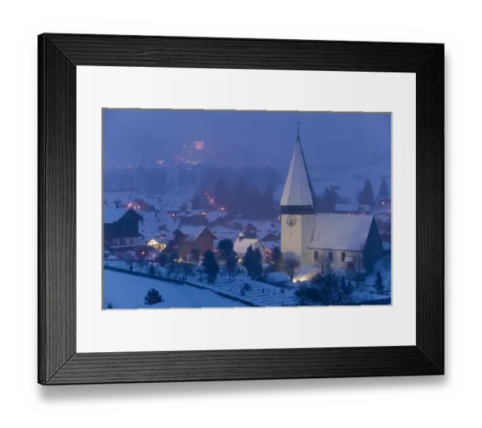 Framed Print : SWITZERLAND-Bern-SaNEN (Area around Gstaad): Town Church  /  Winter  /  Evening