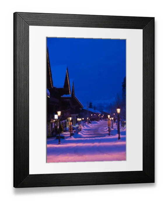 Framed Print : SWITZERLAND-Bern-GSTaD: Buildings along Saanen strasse / Dawn / Winter Framed Print : SWITZERLAND-Bern-GSTaD: Buildings along Saanen strasse / Dawn / Winter