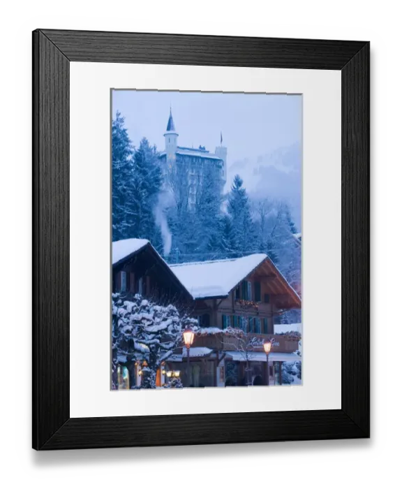 Framed Print : SWITZERLAND-Bern-GSTaD: Town View & Palace Hotel / Dawn / Winter Framed Print : SWITZERLAND-Bern-GSTaD: Town View & Palace Hotel / Dawn / Winter