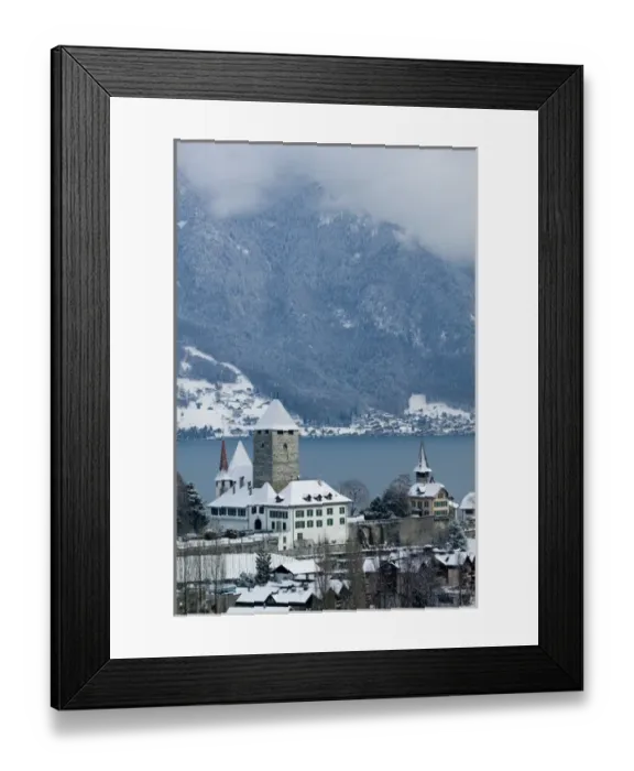 Framed Print : SWITZERLAND-Bern-SPIEZ: Town Castle (13th century) & Lake Thun / Winter Framed Print : SWITZERLAND-Bern-SPIEZ: Town Castle (13th century) & Lake Thun / Winter