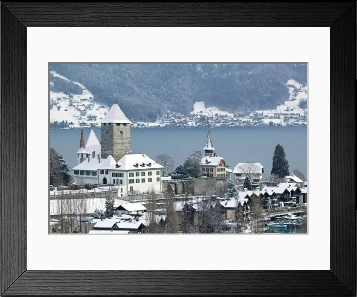 Framed Print : SWITZERLAND-Bern-SPIEZ: Town Castle (13th century) & Lake Thun  /  Winter